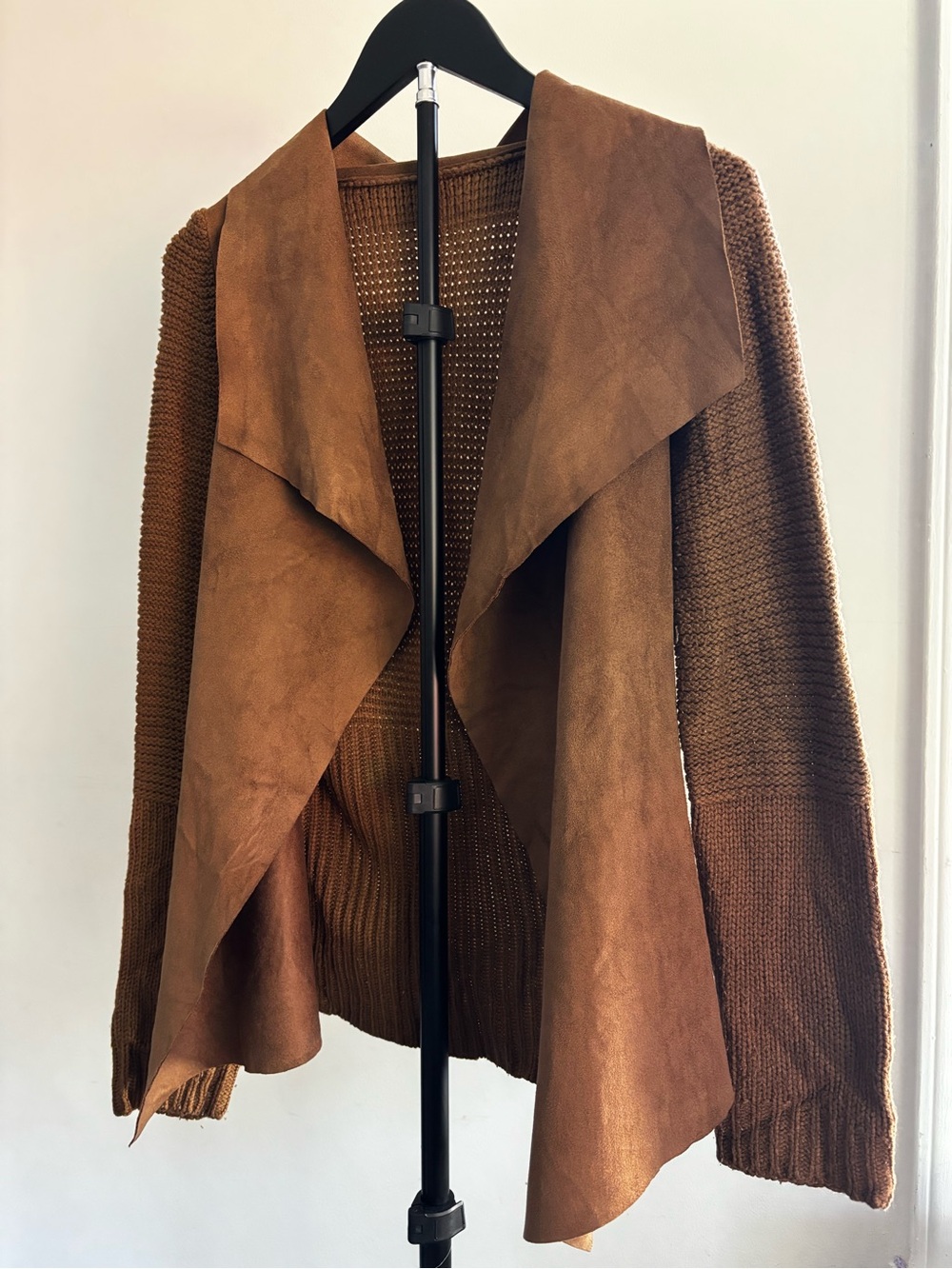 Women’s Brown Draped Suede-Accent Cardigan Jacket